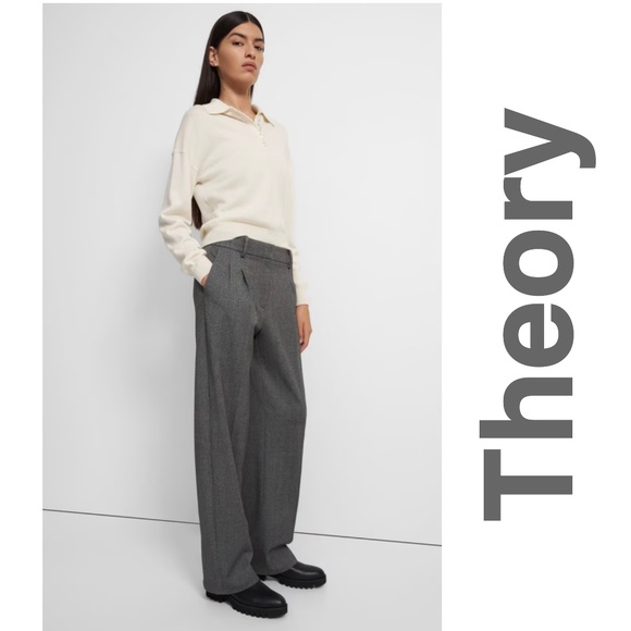 NWT THEORY PLEATED WIDE-LEG PANT in SOFT TWILL LIGHT CHARCOAL COLOR
